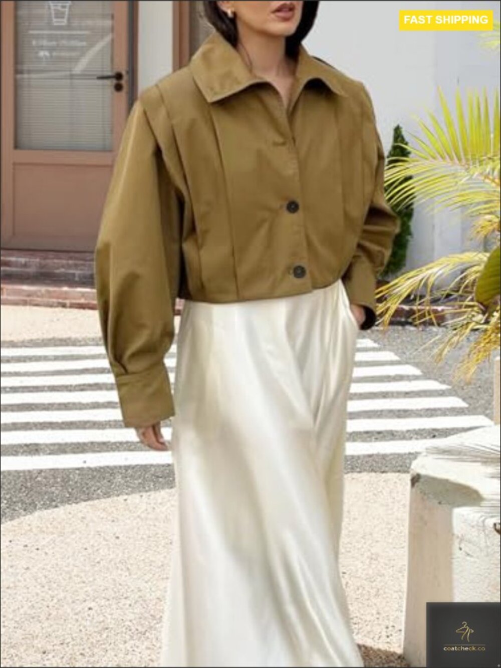 Cropped Pleated Trench Jacket Long Sleeve Button Down Casual Short Coat - Picture 3 of 7